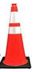 Orange traffic cone with a black base on a white background