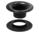 Two black rubber grommets on a white background