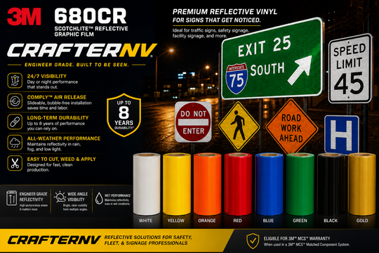 Promotional image of 3M reflective vinyl for signs with various colors and a road sign background.
