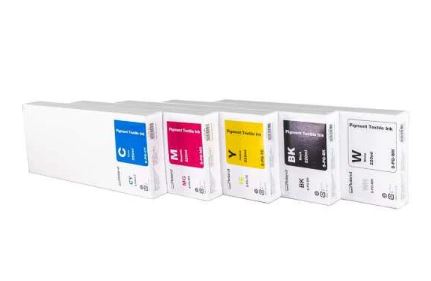 Set of ink cartridges with color labels on a white background