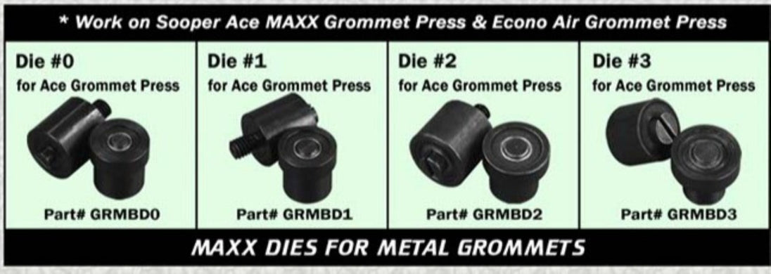 Set of metal grommets with corresponding die numbers for Ace and Econo Air grommet presses.