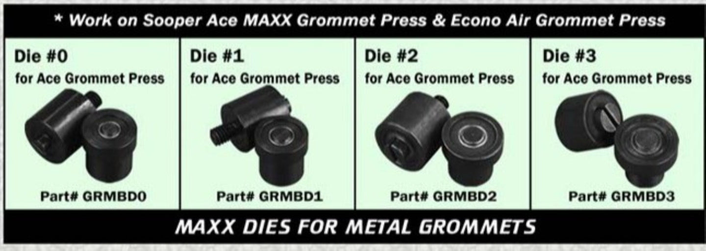 Set of metal grommets with corresponding die numbers for Ace and Econo Air grommet presses.