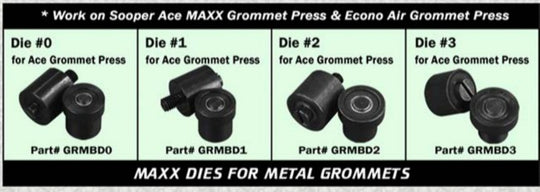 Set of metal grommets with corresponding die numbers for Ace and Econo Air grommet presses.