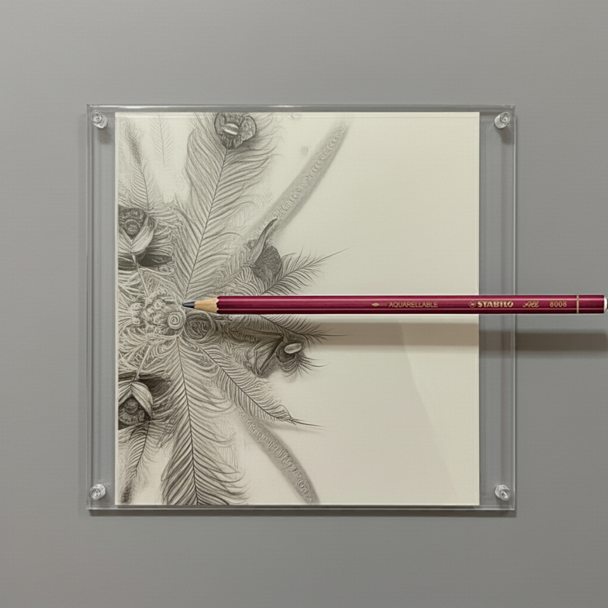 Artistic drawing of a face with feathers and a red pencil on a gray background