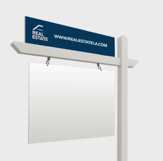 Real estate sign with a blue top section displaying 'Real Estate' and a website URL on a white background.