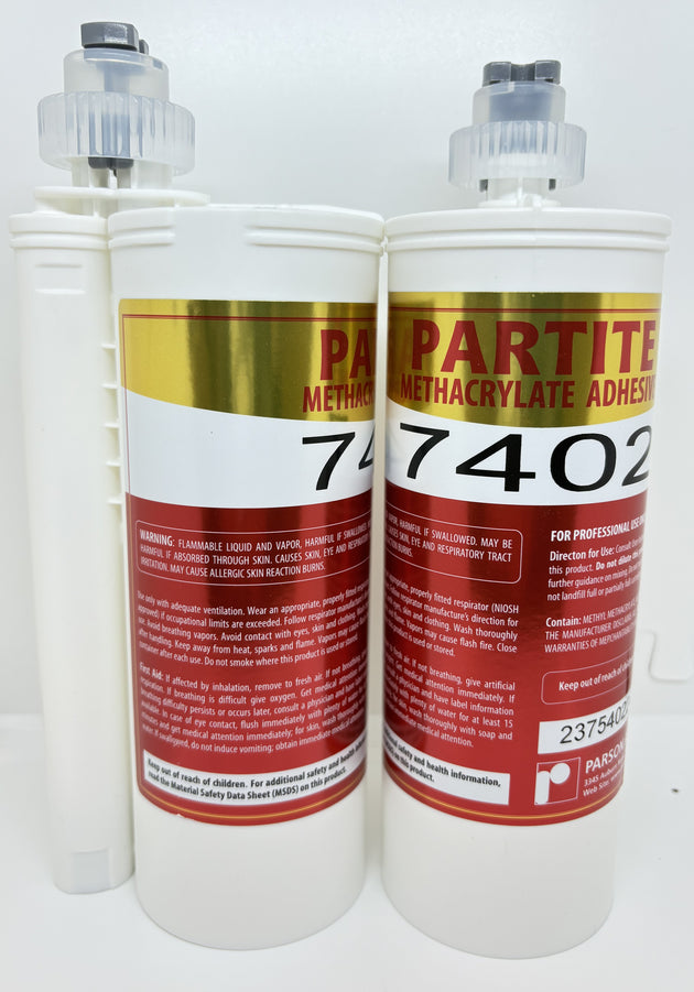 Two bottles of Partite 7402 methacrylate adhesive on a white background