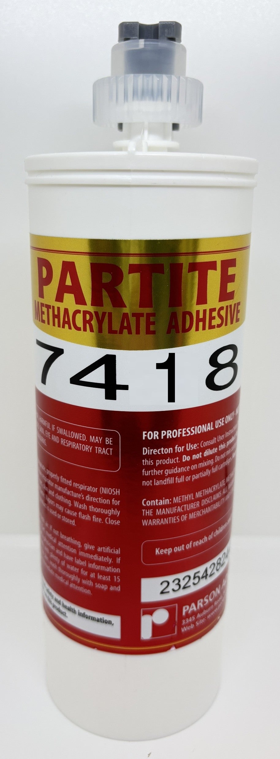 Partite methacrylate adhesive container with label on a white background