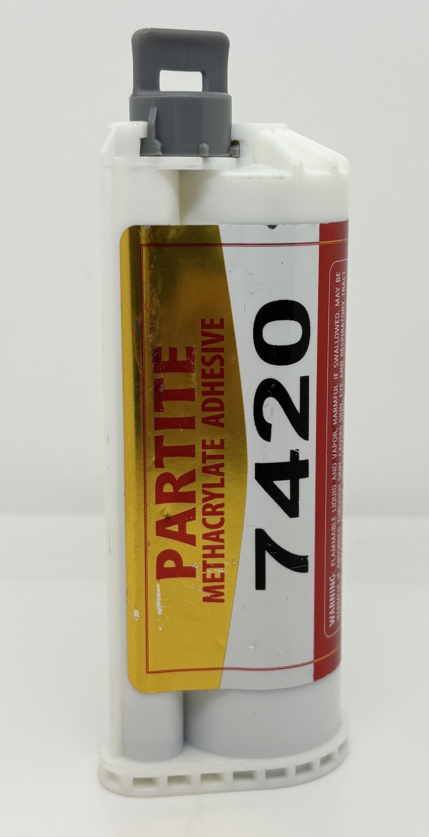 Partite methacrylate adhesive container with label on a white background