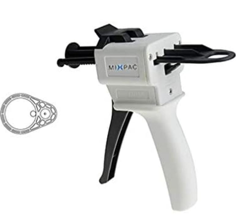 White and black gun with 'Mixpac' branding on a white background