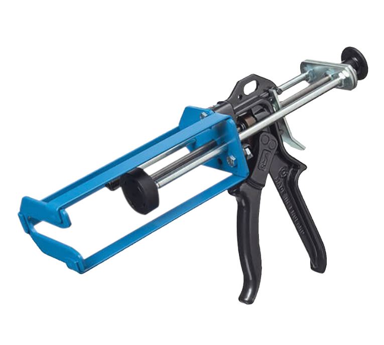 Caulking gun with blue handle and black piston on a white background