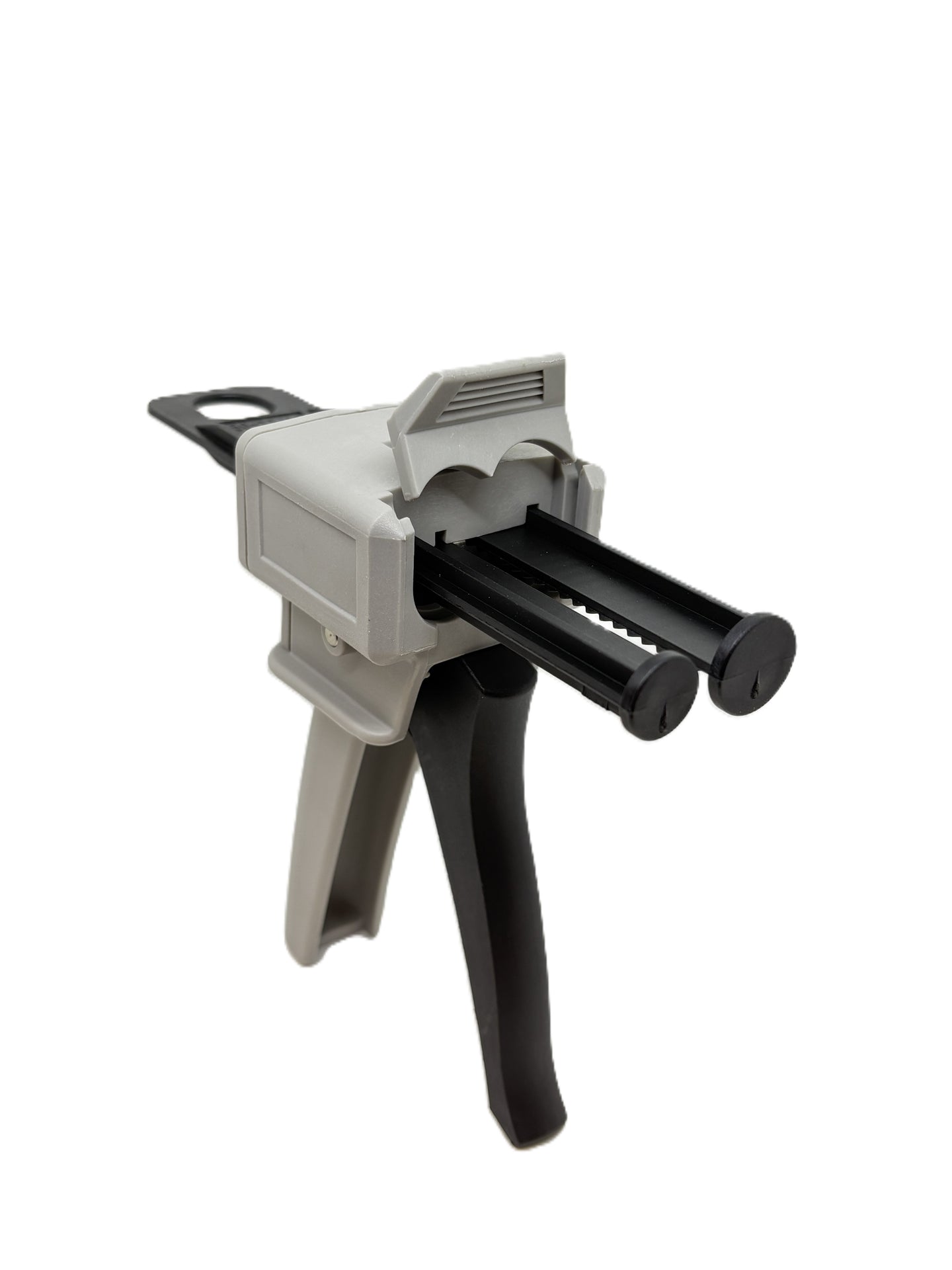 Caulking gun with black and gray design on a white background
