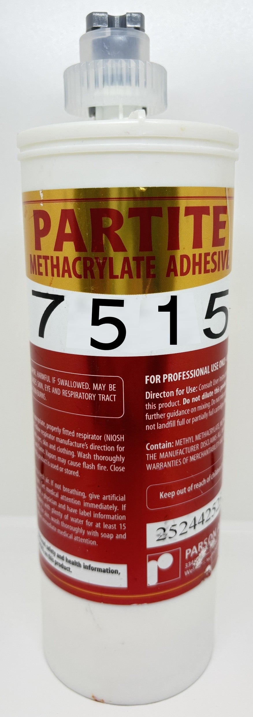 Partite methacrylate adhesive bottle with label on a white background