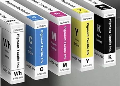 Set of Roland pigment textile ink cartridges in different colors on a gray background