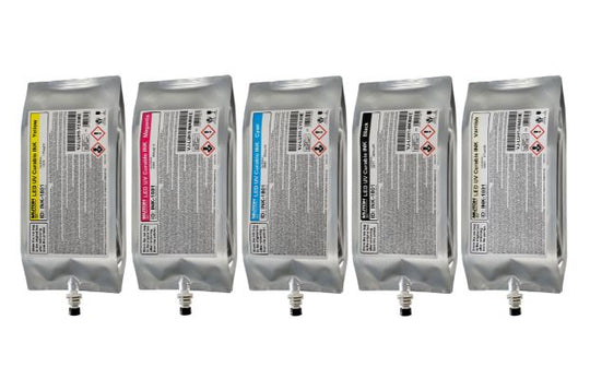 Five silver ink cartridges with labels on a white background