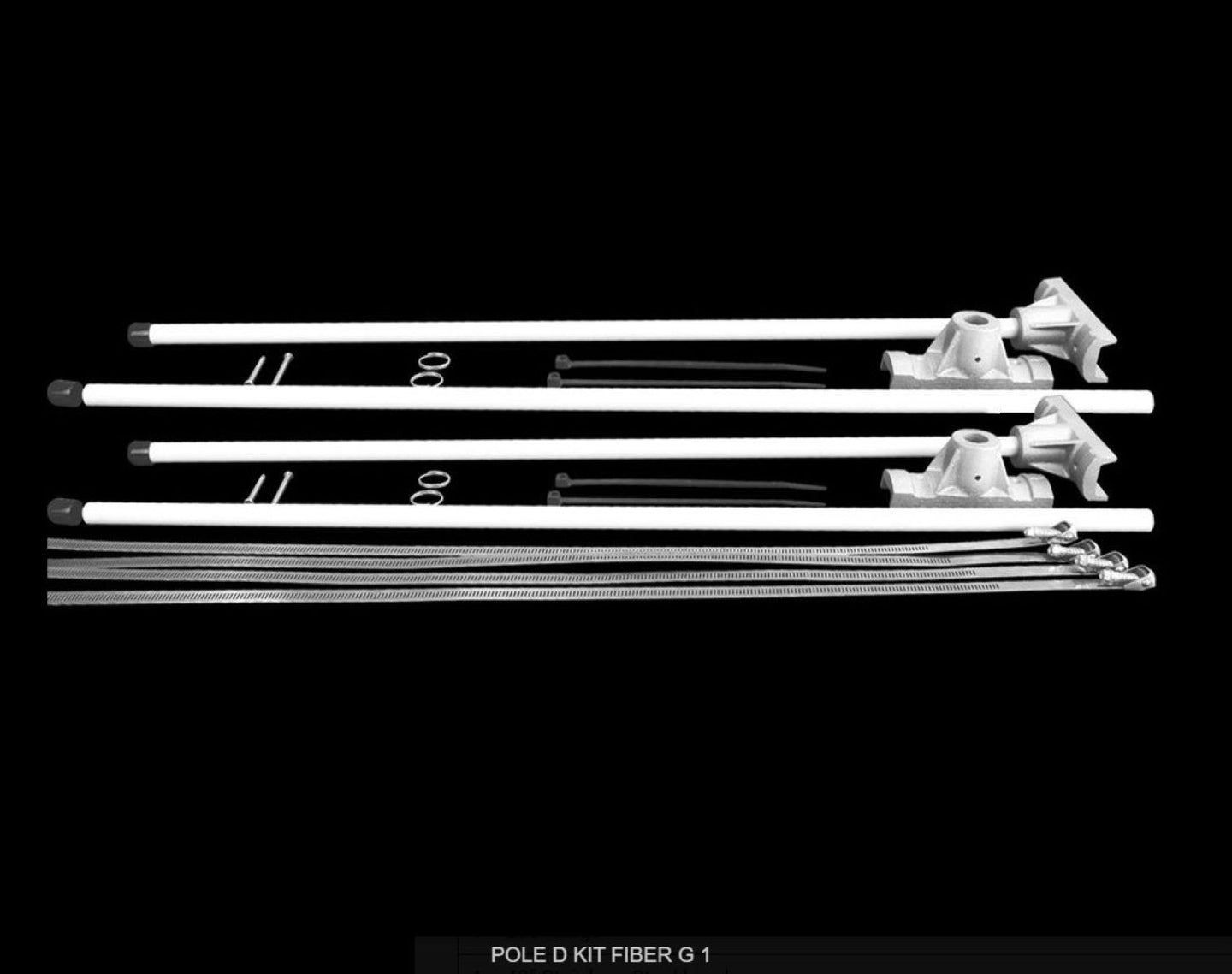 Set of white metal poles with connectors on a black background