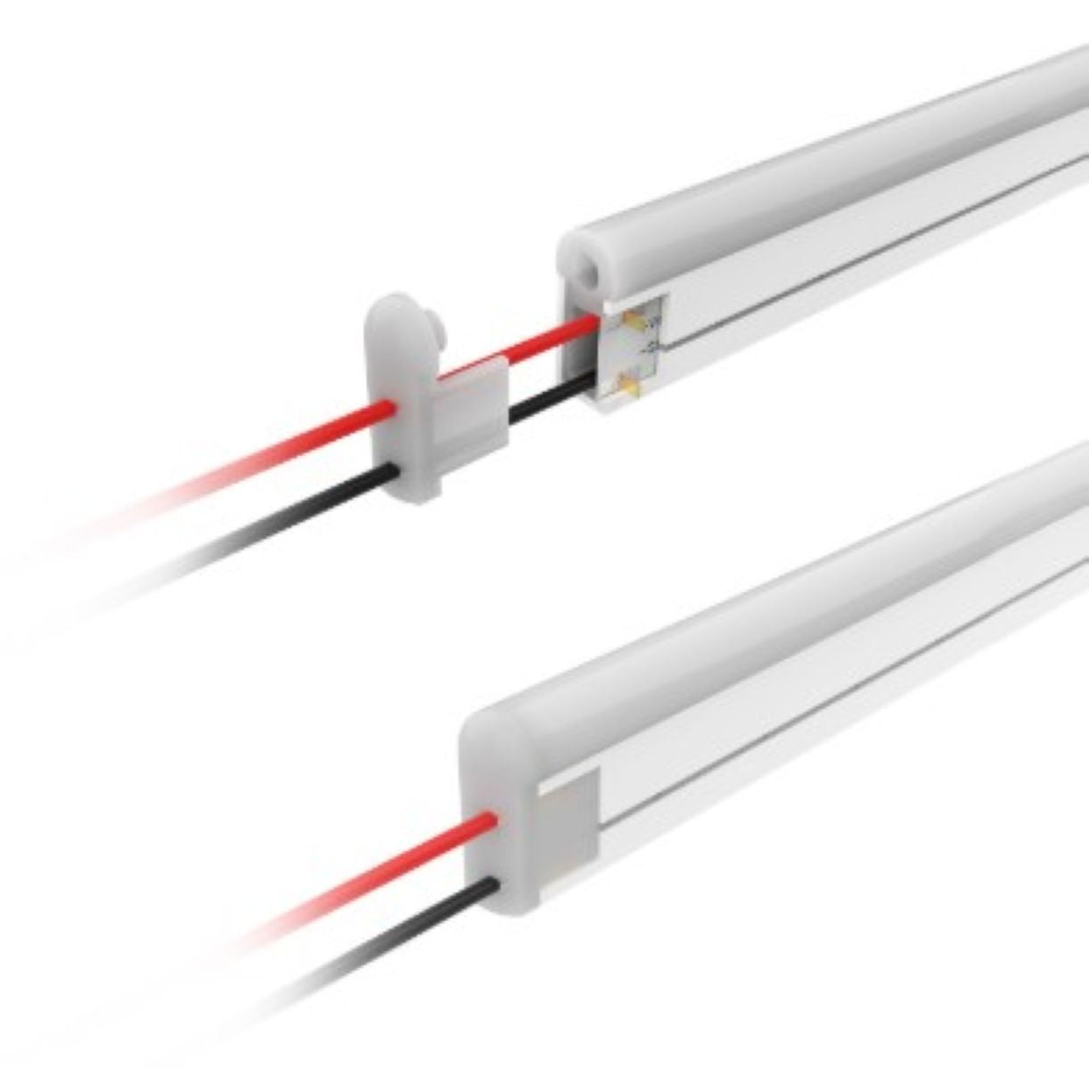 Light fixture with red and black wires on a white background