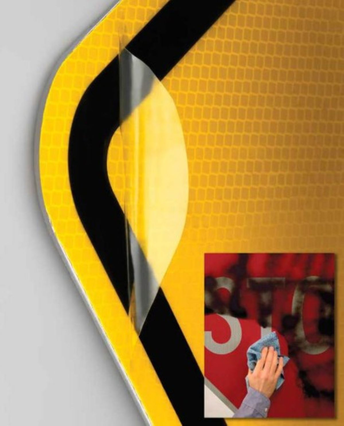 Yellow and black safety sign with a inset image of a hand cleaning a surface.