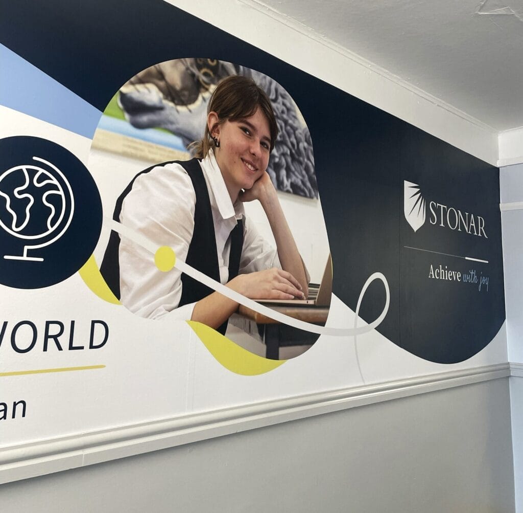Finished Drytac Polar Grip Air interior wall graphic at Stonar School