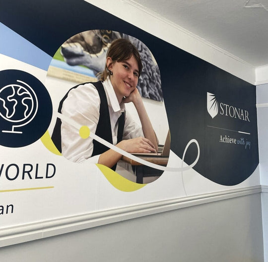 Finished Drytac Polar Grip Air interior wall graphic at Stonar School