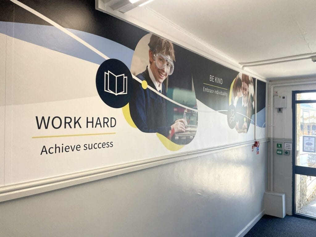 Interior wall graphics produced with Drytac Polar Grip Air at Stonar School