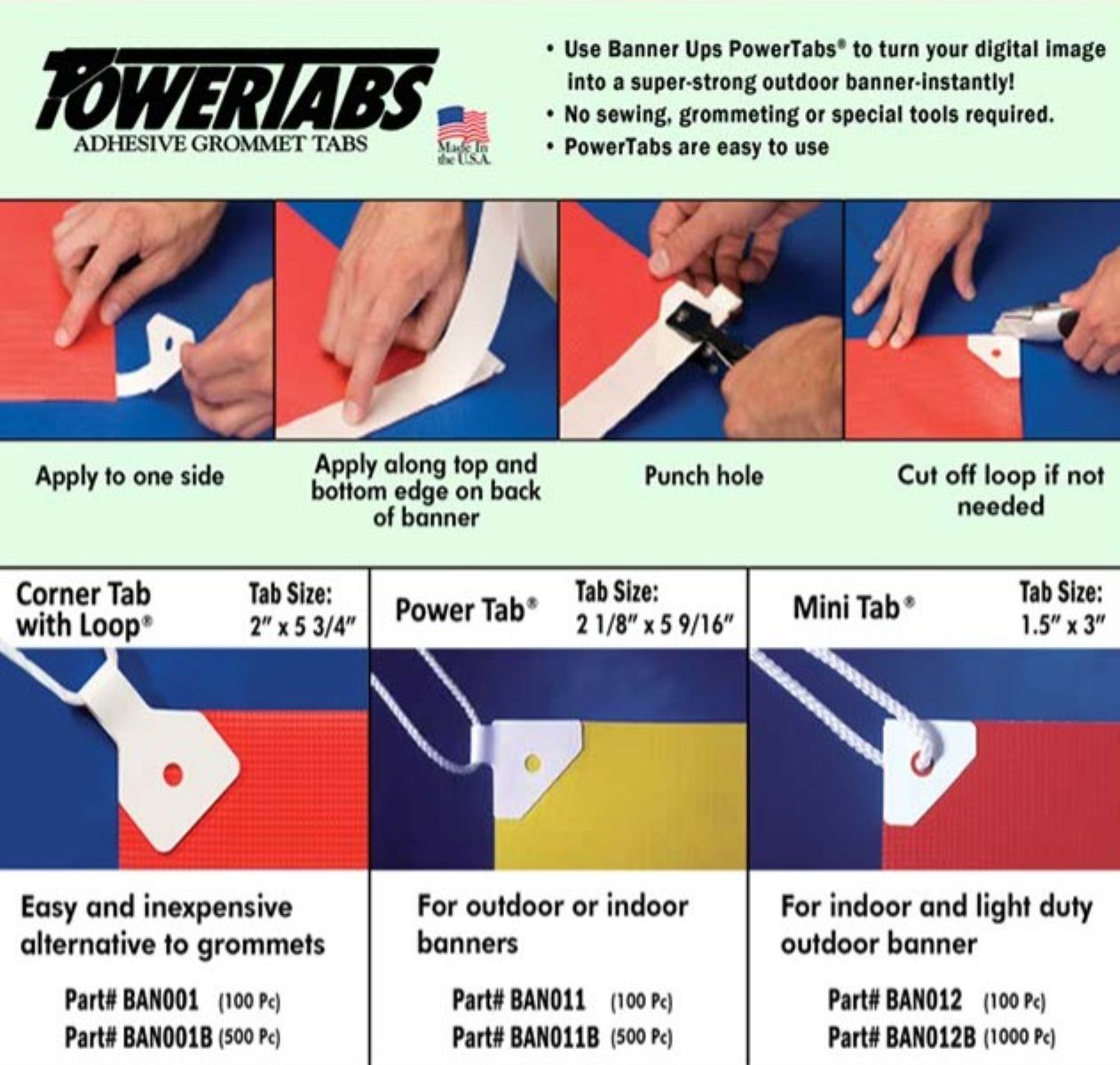 Instructional chart for using PowerTabs adhesive grommet tabs with images and text.