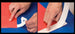 Two hands interacting with a white plastic component on a blue surface.