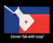 Corner tab with loop on a blue and red background