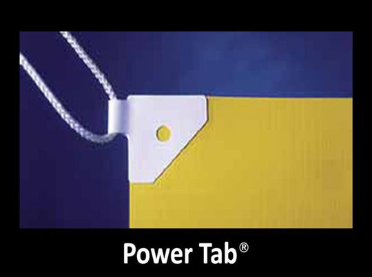 Yellow Power Tab with a chain on a blue background