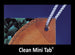 Wooden surface with a metal tab labeled 'Clean Mini Tab' against a blue background.