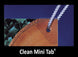 Wooden surface with a metal tab labeled 'Clean Mini Tab' against a blue background.