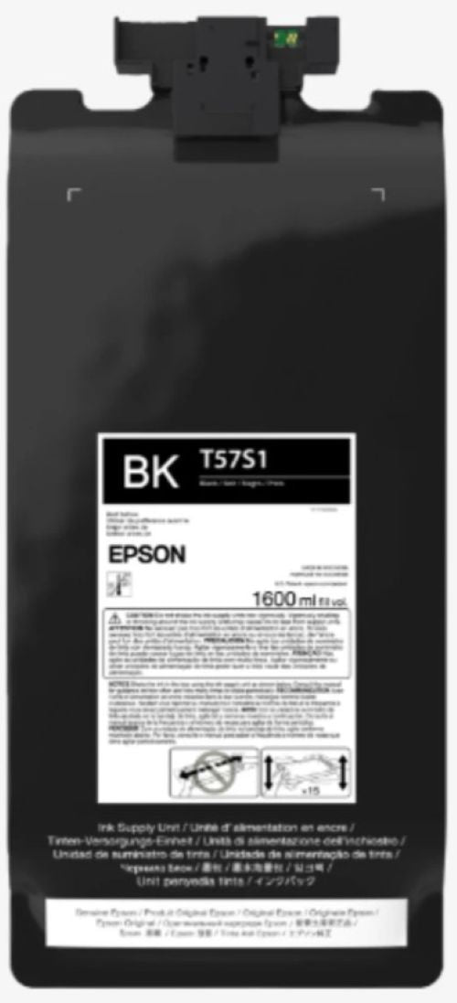 An Epson black toner cartridge, model T5751, with a large white label showing product details and usage instructions. The cartridge body is black with a small green indicator light at the top.