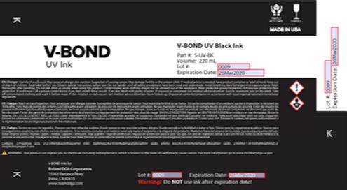 V-Bond UV Ink product label with text and icons on a black background