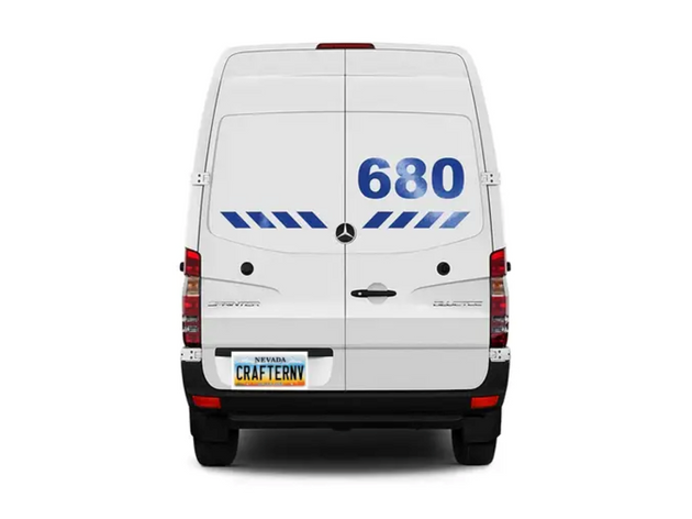 White van with blue numbering on a white background
