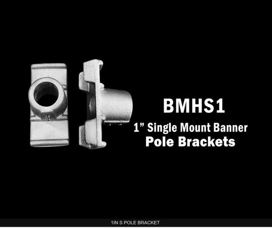 Two metal banner pole brackets labeled 'BMHS1' on a black background