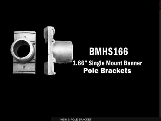 Two metal pole brackets with 'BMHS166' text on a black background