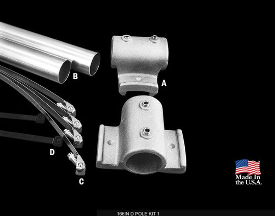 Pole kit components labeled A, B, C, and D on a black background with 'Made in the USA' label.