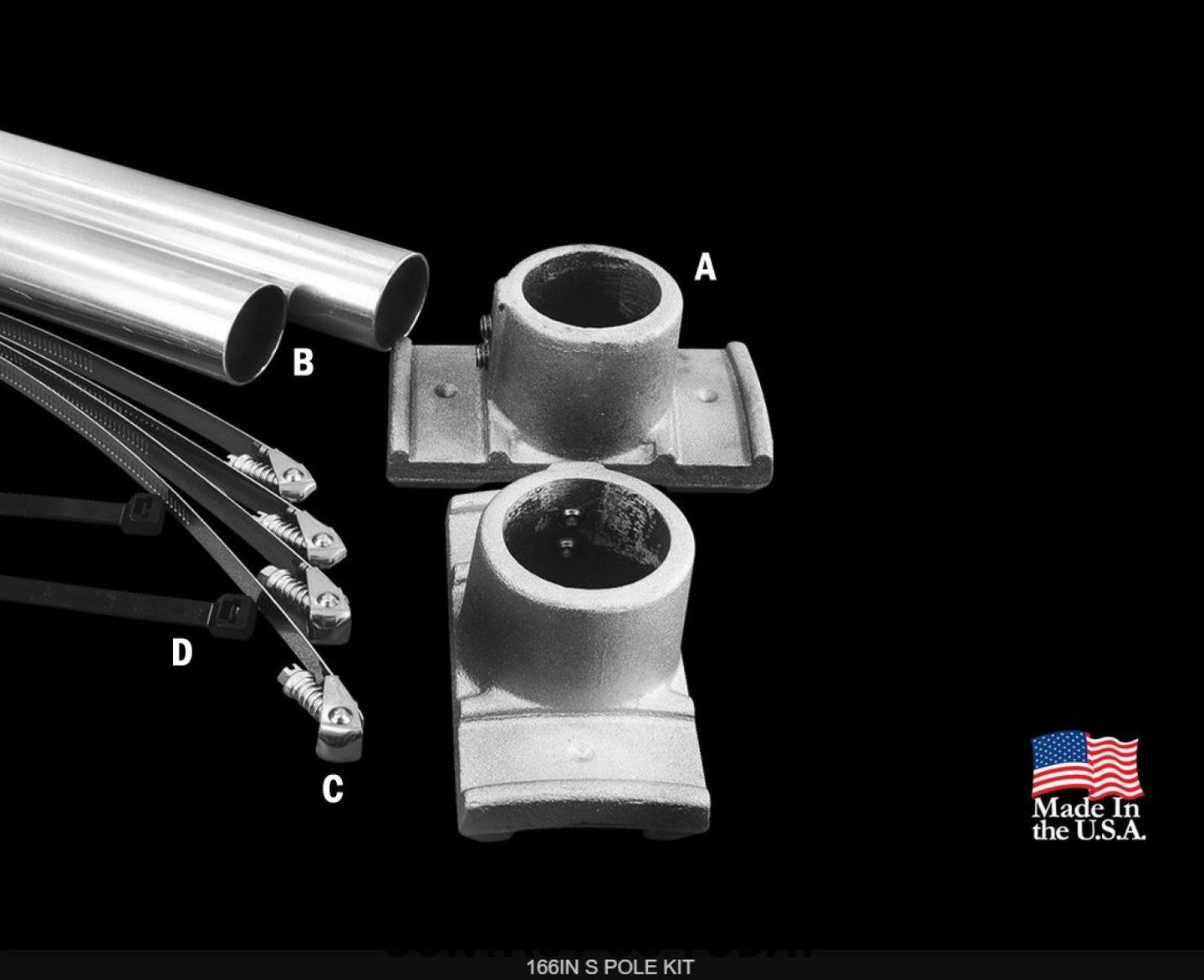 Pole kit components with labels on a black background, featuring 'Made in the U.S.A.' text.