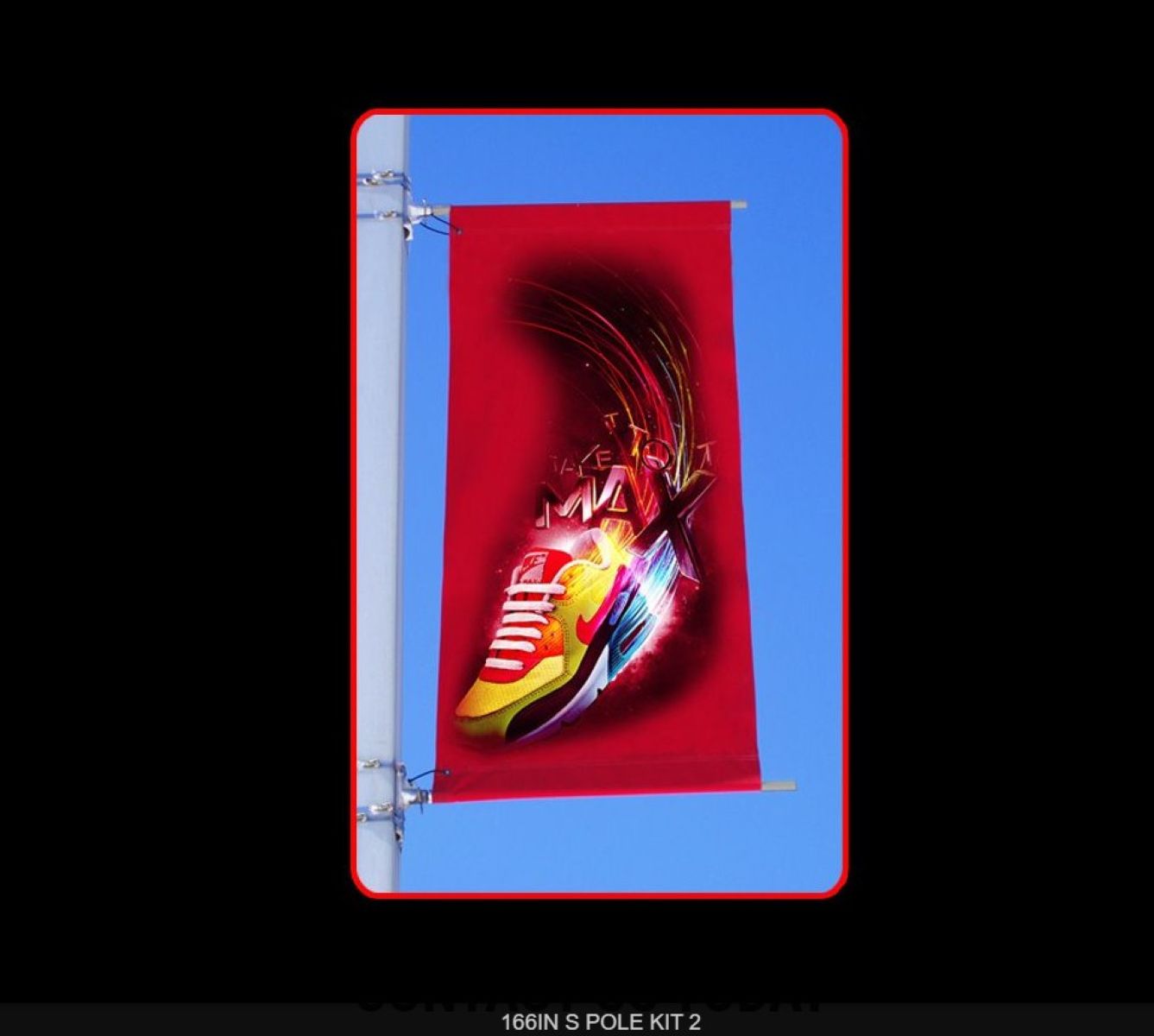 Blue rectangular product packaging with a red label featuring a sneaker design on a black background.