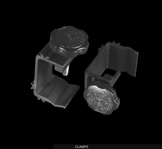 Two clamps on a black background with 'CLAMPS' text at the bottom.