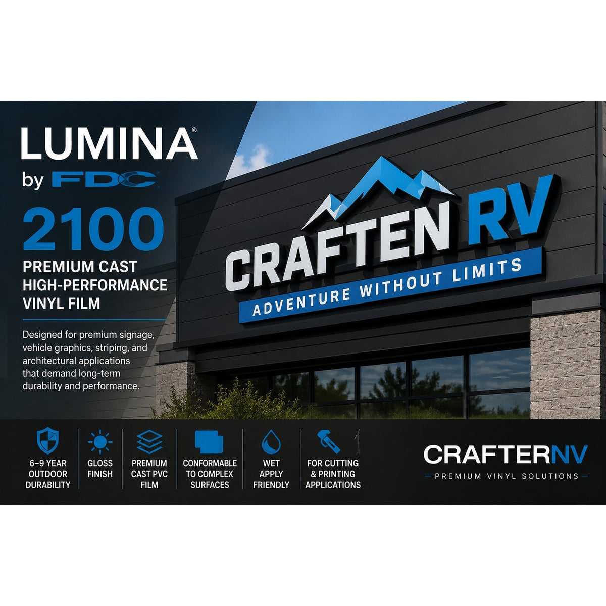 Lumina 2100 Intense Blue striping; illustrative architectural signage application, not an exact shade sample.