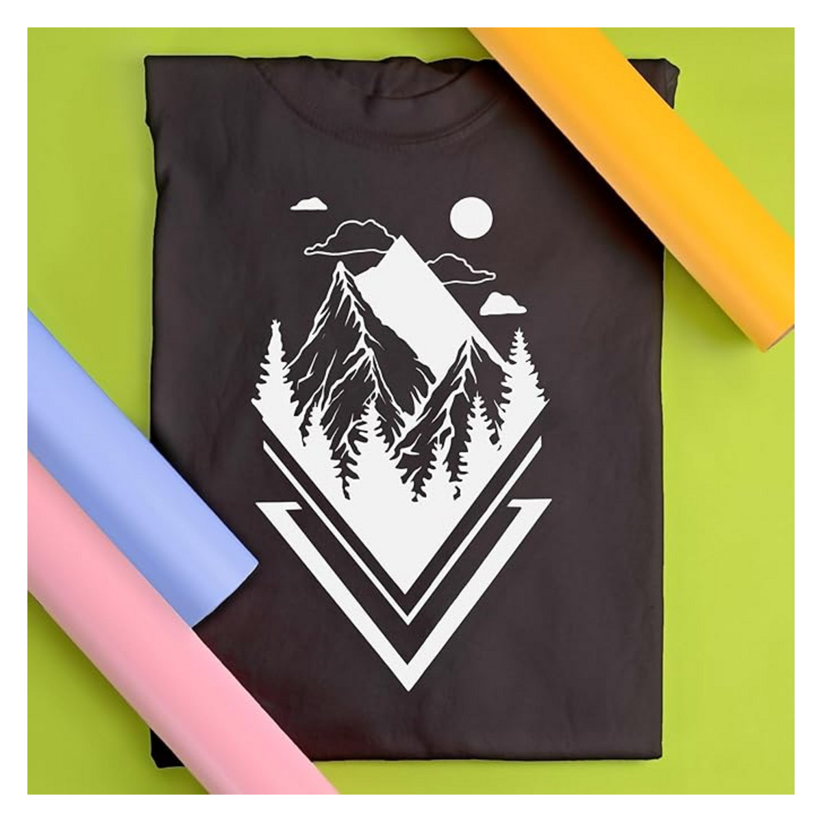 Siser EasyWeed application example showing a white mountain design on a dark T-shirt