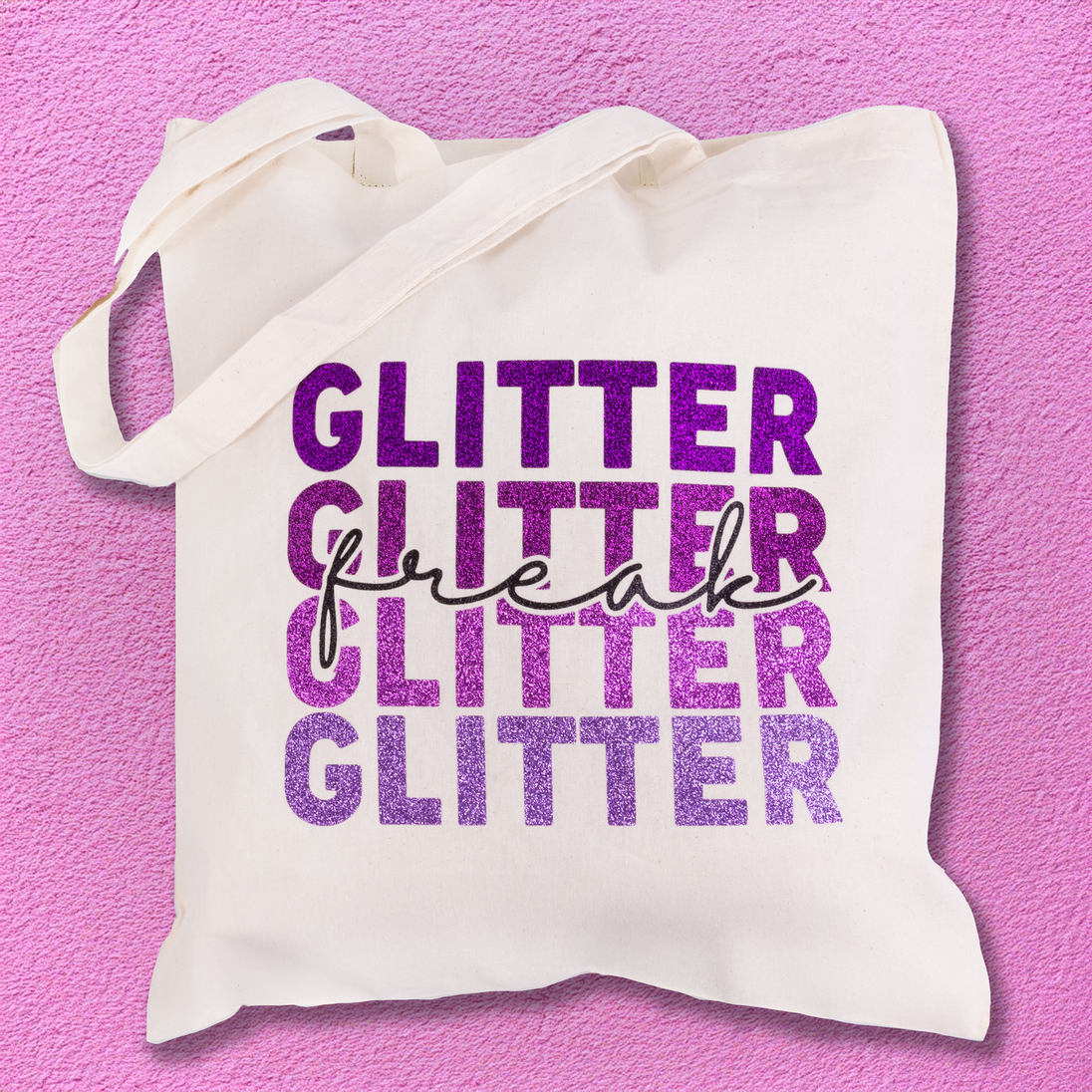 Siser Glitter lettering on a fabric tote bag; application example