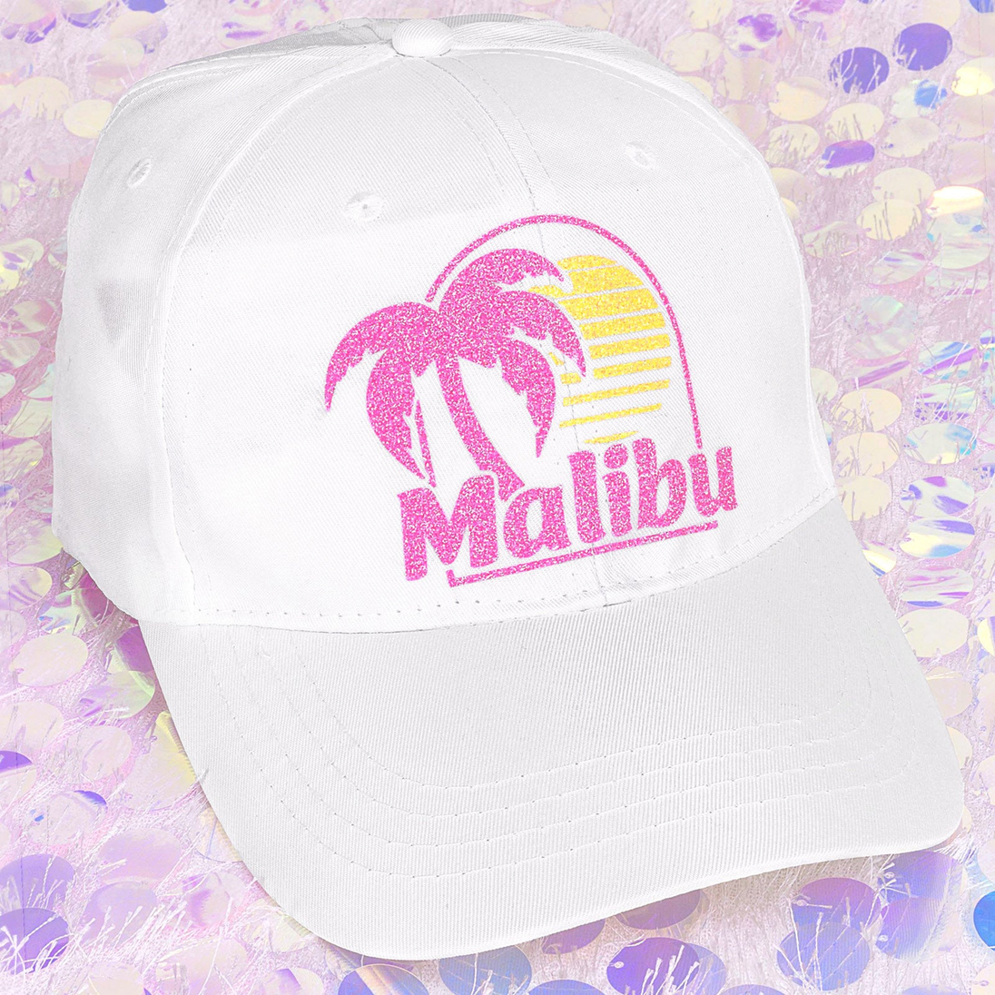 Siser Glitter design applied to a white cap; application example