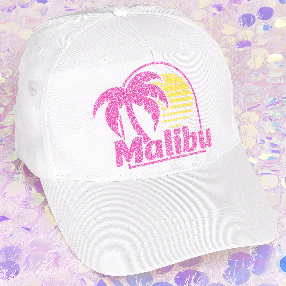Siser Glitter design applied to a white cap; application example
