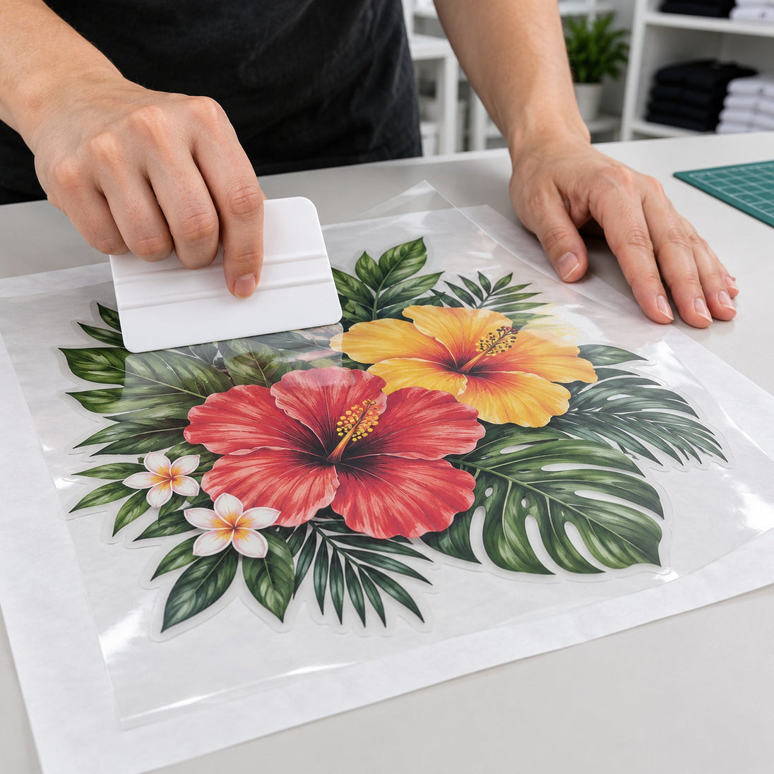 Illustrative application example: burnishing clear transfer mask over a printed heat-transfer graphic