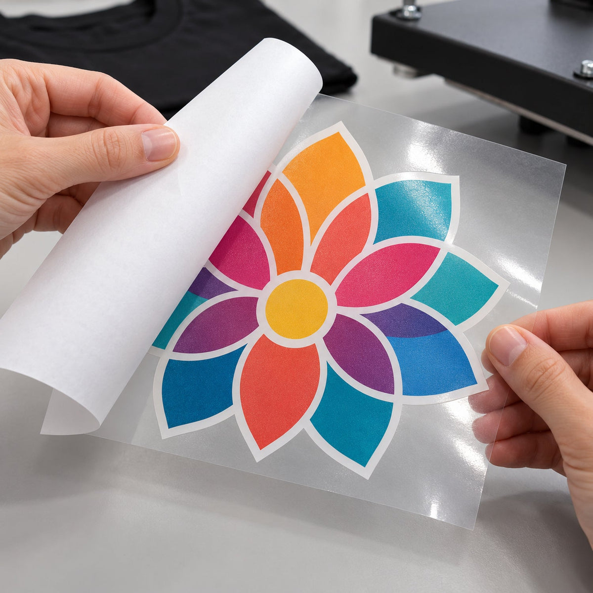 Illustrative application example: removing the original backing while the printed graphic stays supported by clear transfer mask