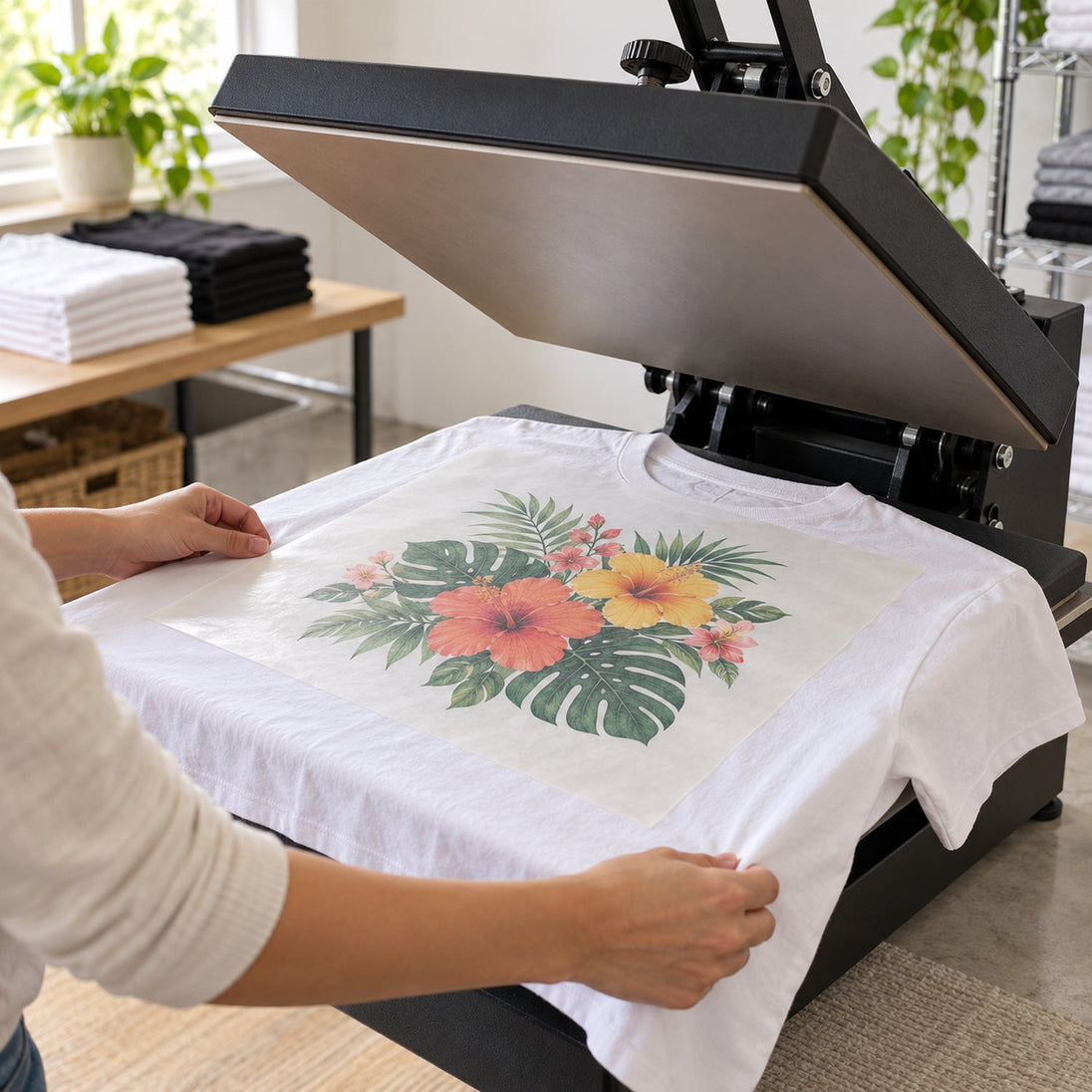 Illustrative application example: positioning a masked apparel transfer at an open heat press