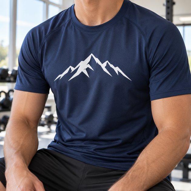 AI application illustration: white cut-film mountain graphic on navy athletic apparel; representative stretch HTV project.