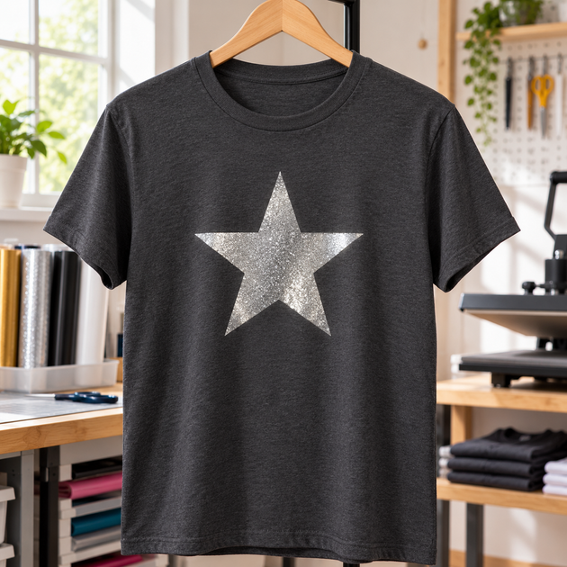 AI application illustration: silver metal-flake-style star on a charcoal T-shirt; representative finish and color.
