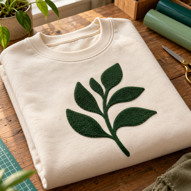 AI application illustration: green suede-like flock leaf graphic on a cream sweatshirt; representative texture and color.